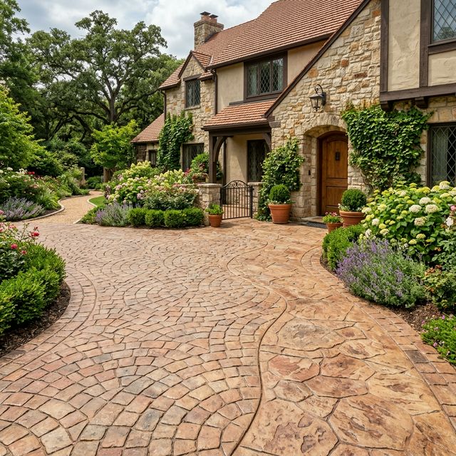 Cobblestone stamped concrete driveway pattern