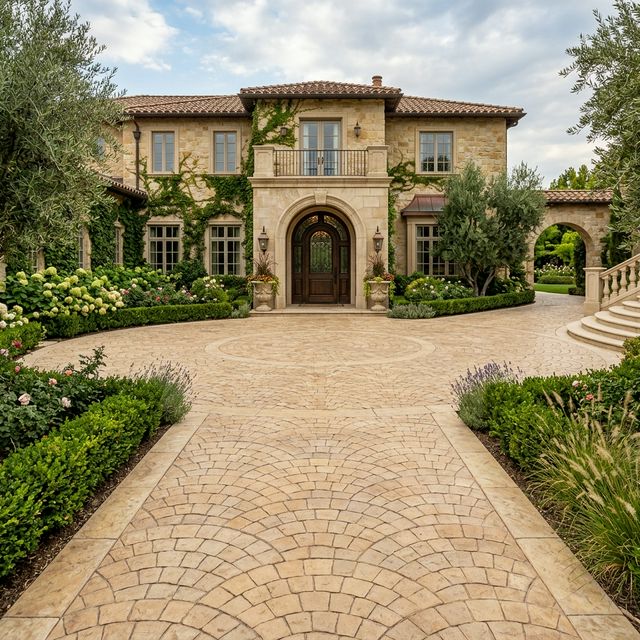 European Fan stamped concrete courtyard pattern